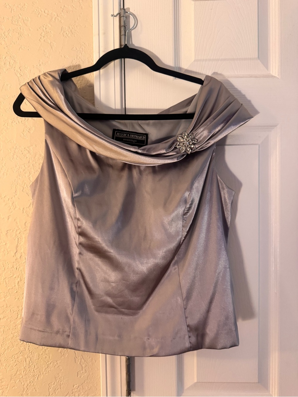 Jessica Howard Silver Satin Cowl Neck Tank with Brooch